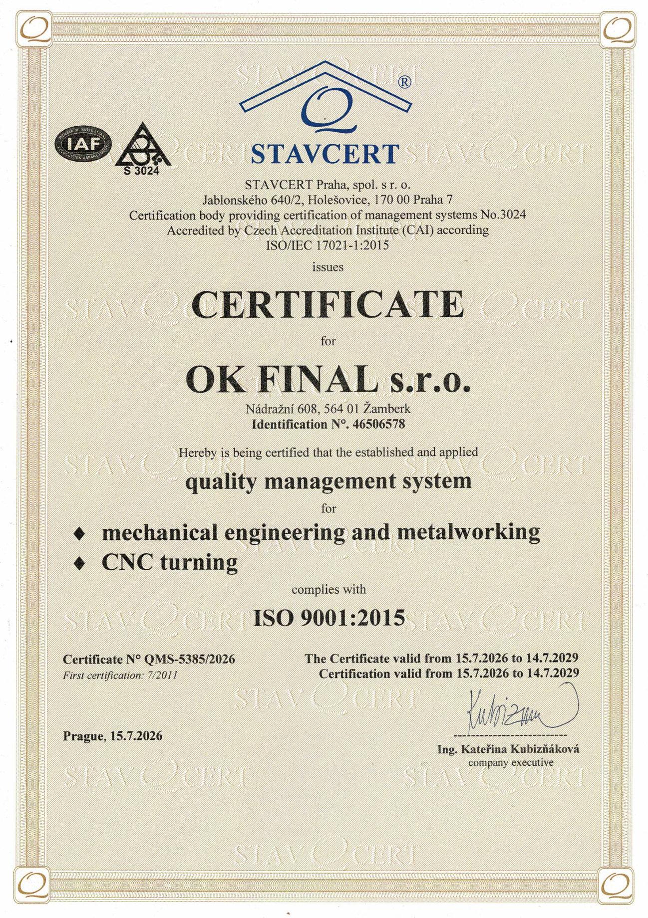 ISO 9001:2015 certificate in English for OK FINAL s.r.o., STAVCERT, No. QMS-5385/2026