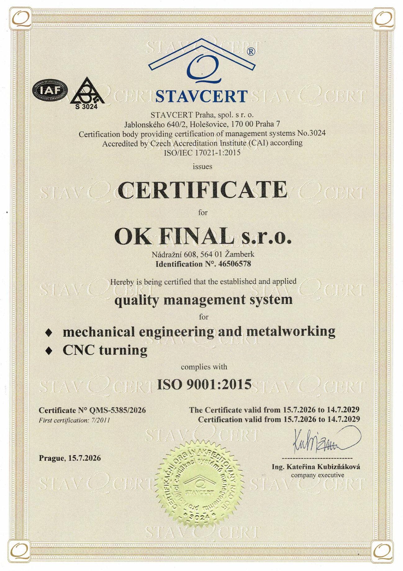 ISO 9001:2015 certificate in English with seal for OK FINAL s.r.o., STAVCERT, No. QMS-5385/2026